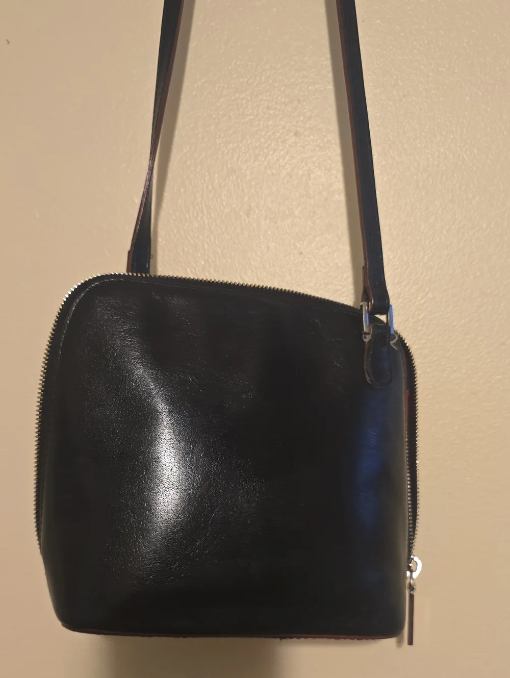 Hobo Black Leather Crossbody Bag with Red Lining